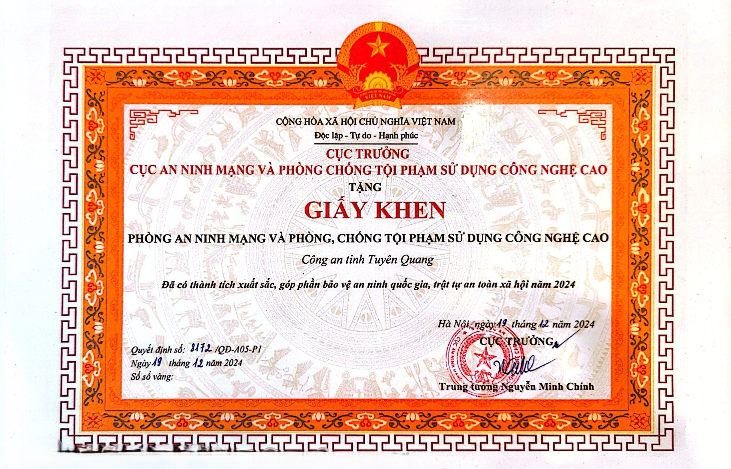Bằng khen của Cục A05 tặng phòng PA05