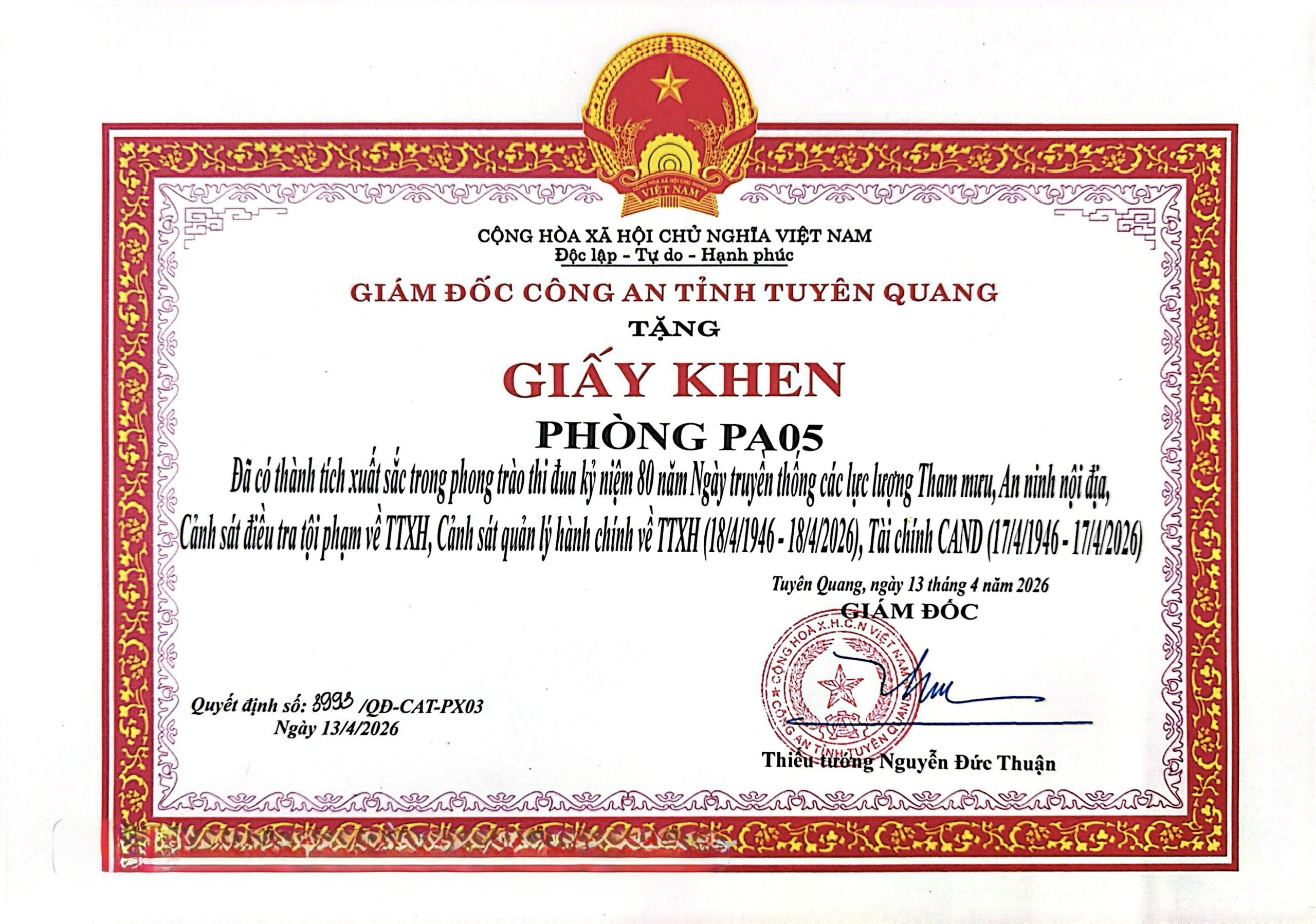 Giấy khen của Giám đốc Công an tỉnh Tuyên Quang trao tặng