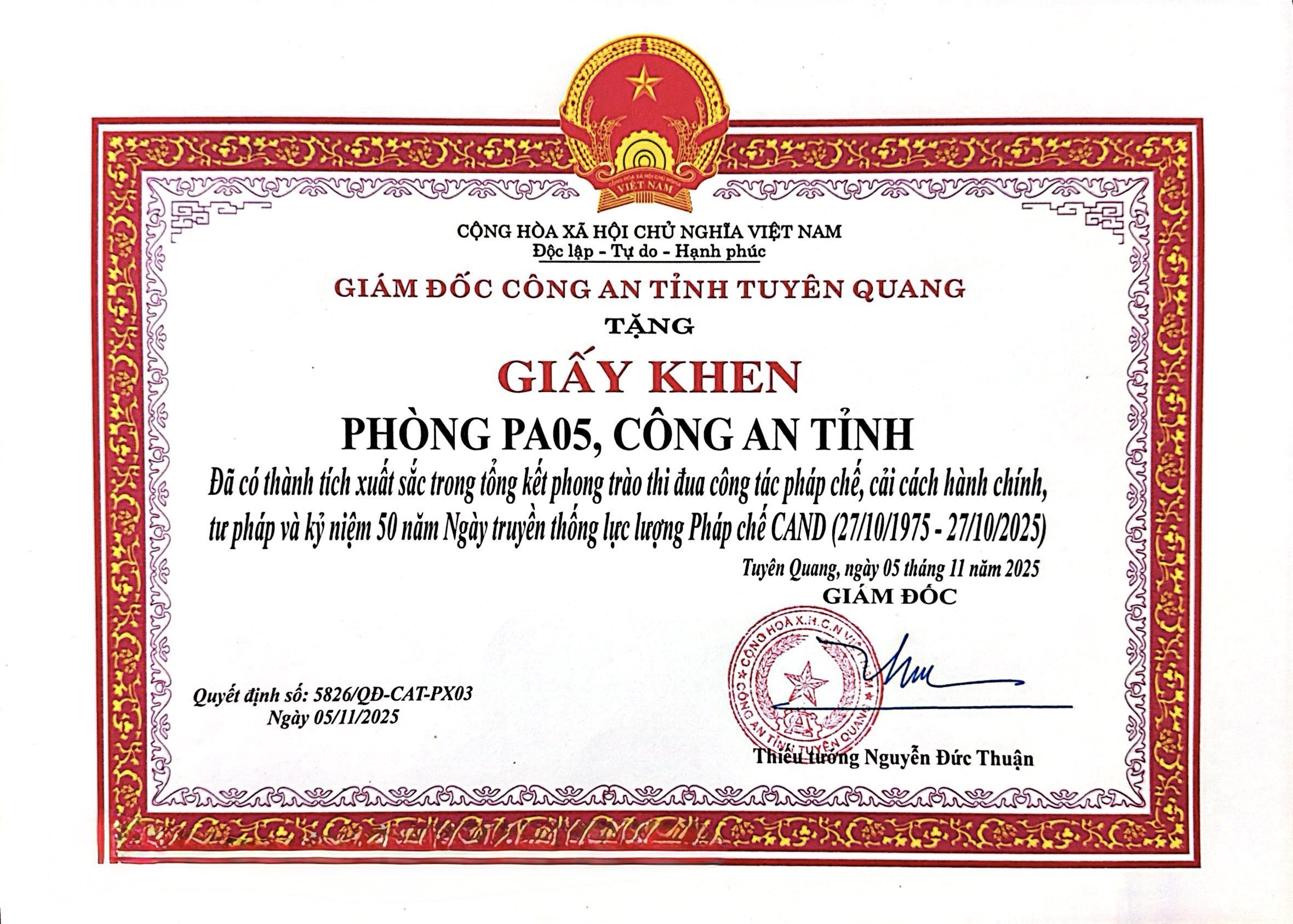 Giấy khen của Giám đốc Công an tỉnh Tuyên Quang trao tặng