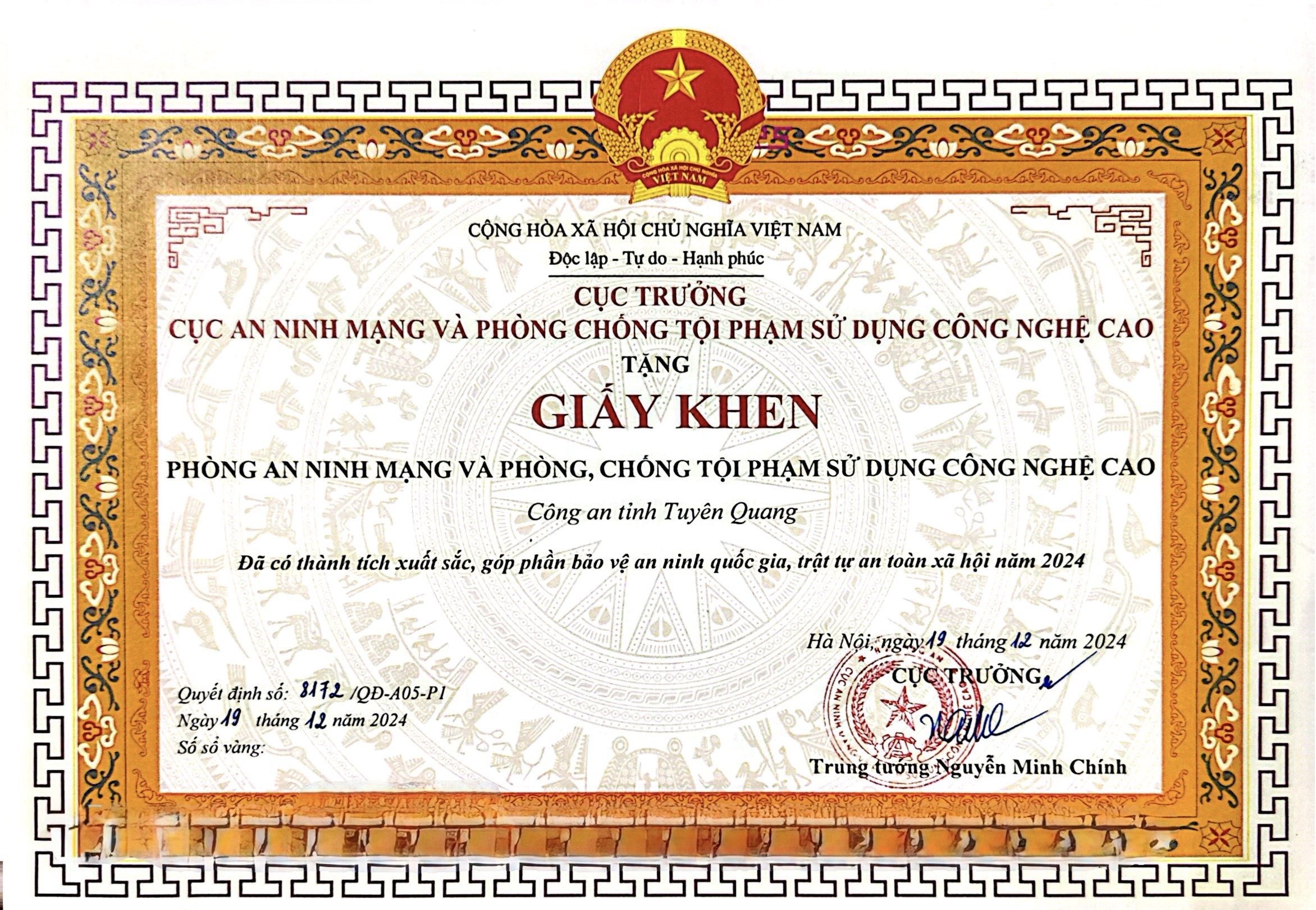 Giấy khen của Cục trưởng Cục A05 trao tặng
