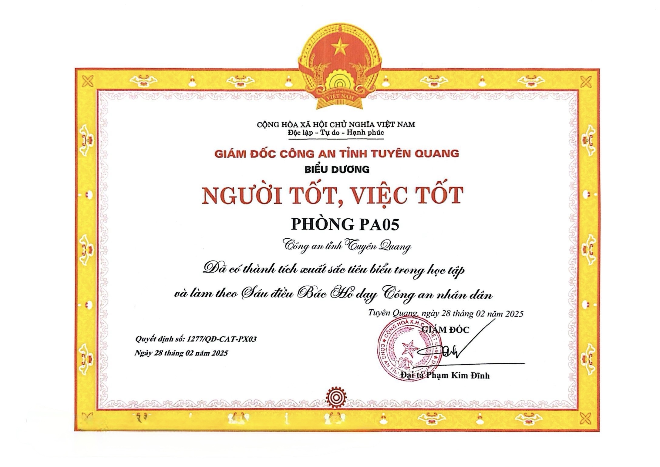 Giám đốc Công an tỉnh Tuyên Quang biểu dương Phòng PA05