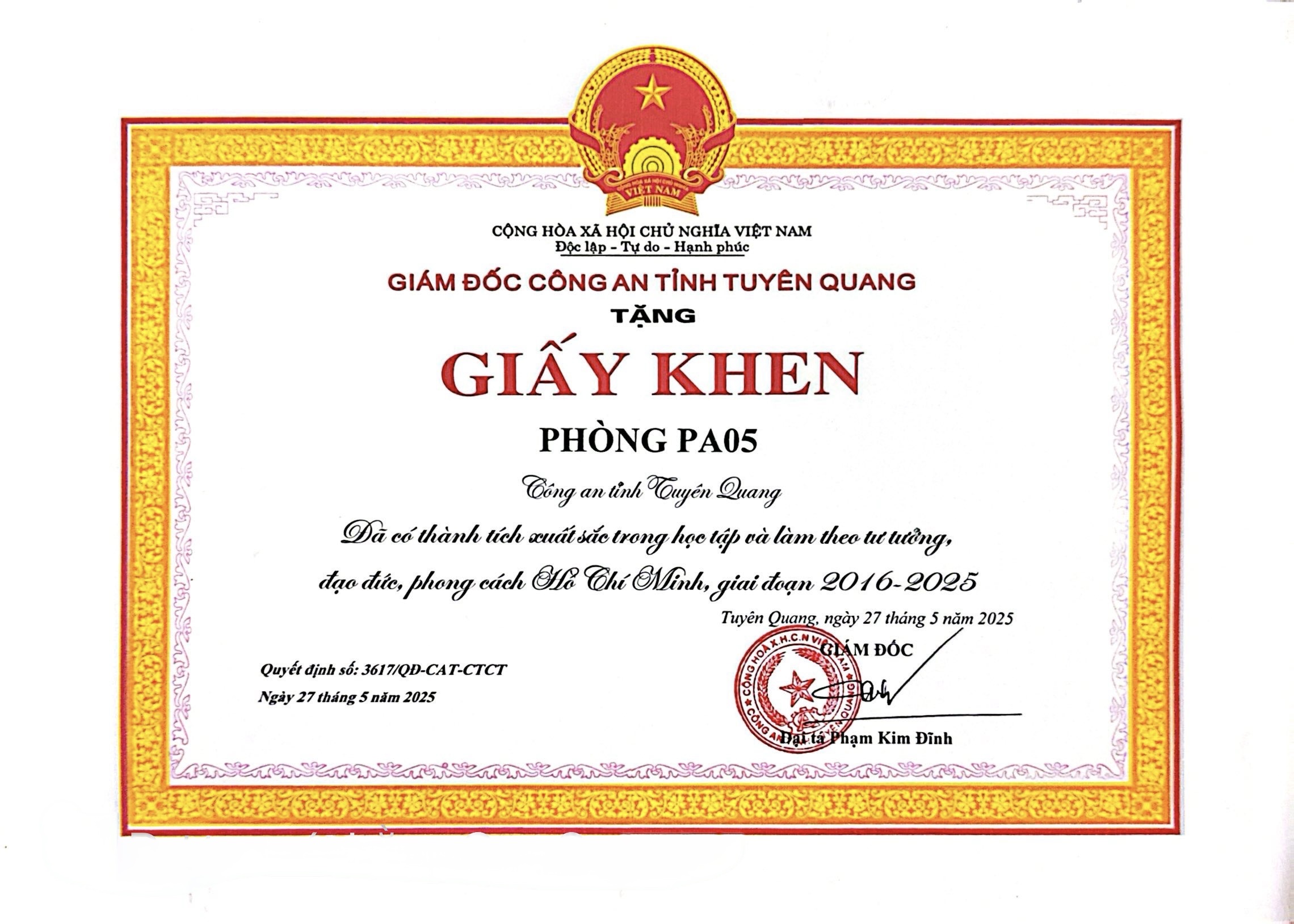 Giấy khen của Giám đốc Công an tỉnh Tuyên Quang trao tặng