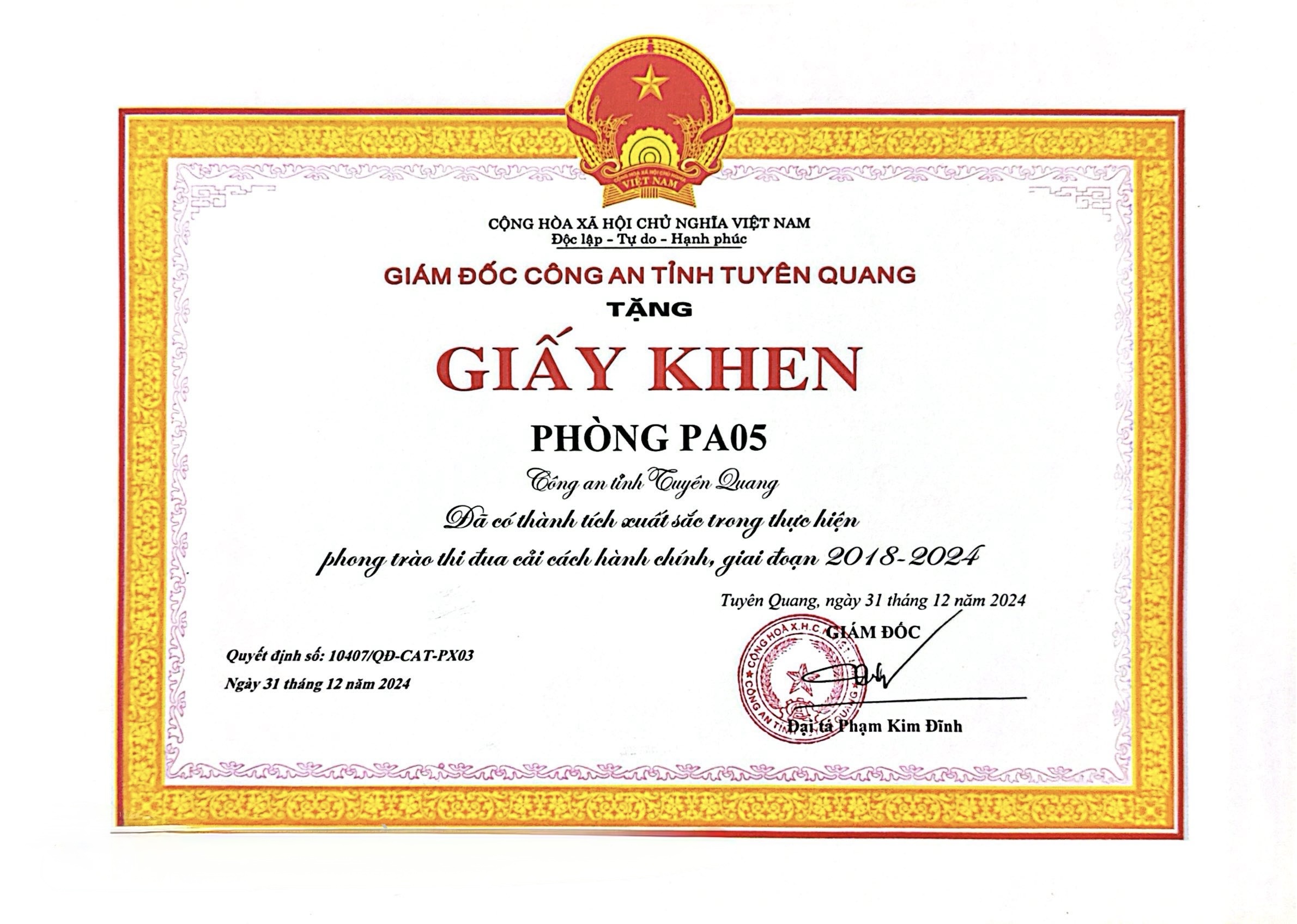 Giấy khen của Giám đốc Công an tỉnh Tuyên Quang trao tặng 