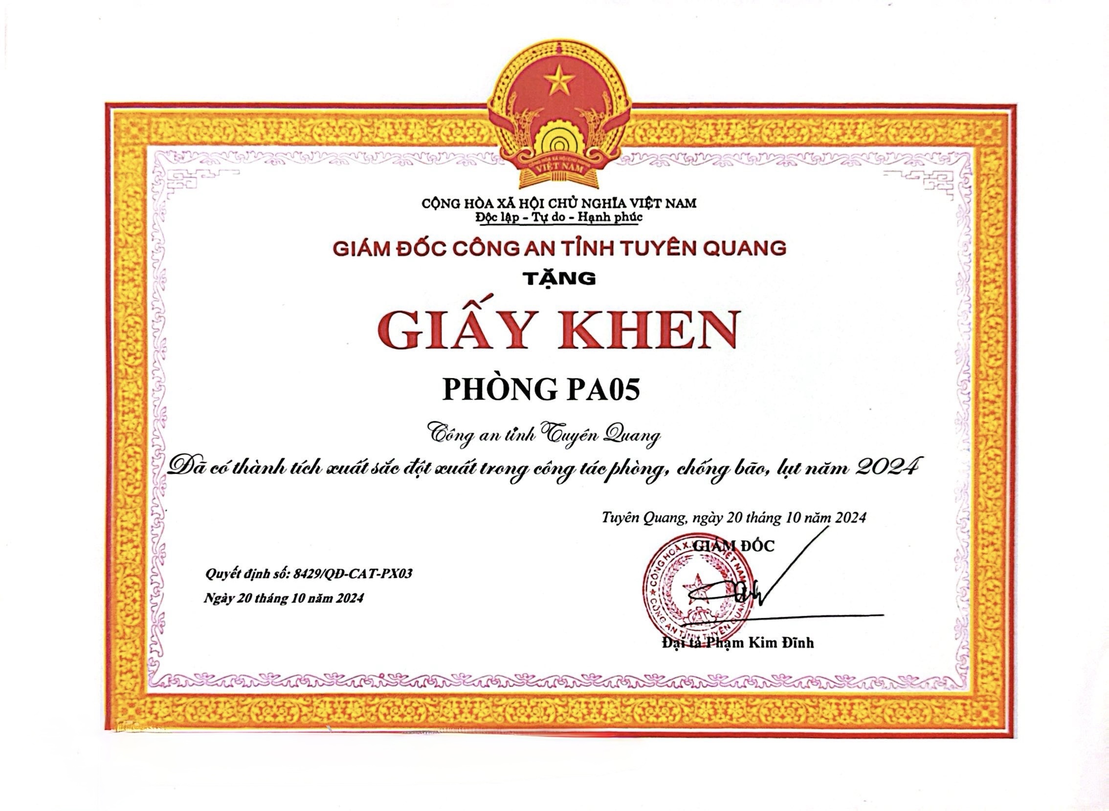 Giấy khen của Giám đốc Công an tỉnh Tuyên Quang trao tặng