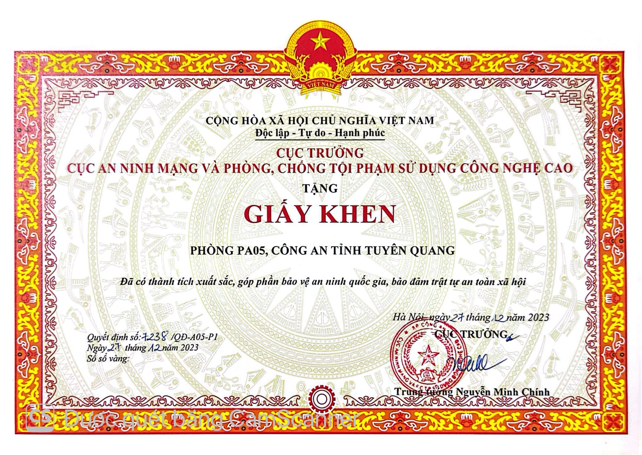 Giấy khen của Cục trưởng Cục A05 trao tặng