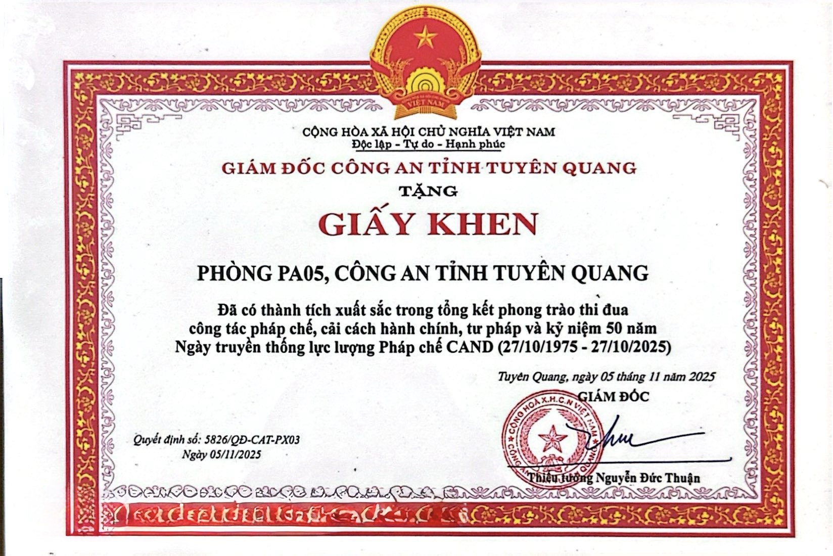 Giấy khen của Giám đốc Công an tỉnh Tuyên Quang trao tặng