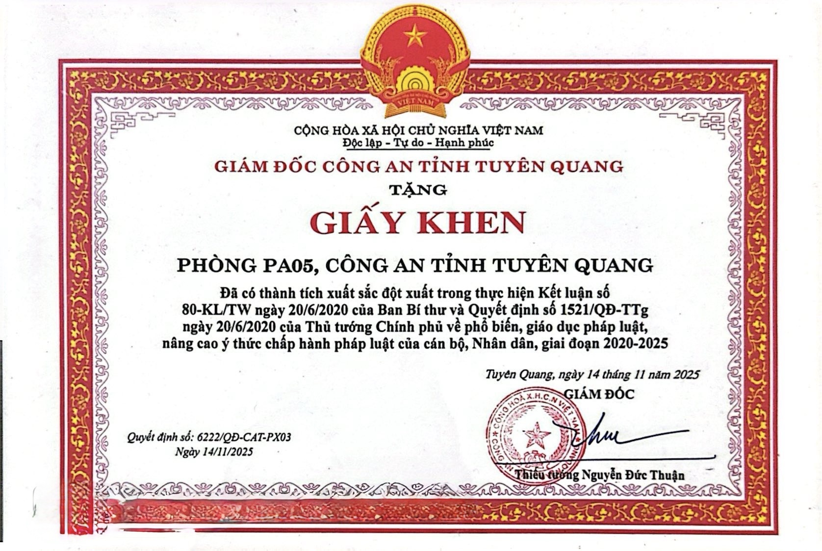 Giấy khen của Giám đốc Công an tỉnh Tuyên Quang trao tặng