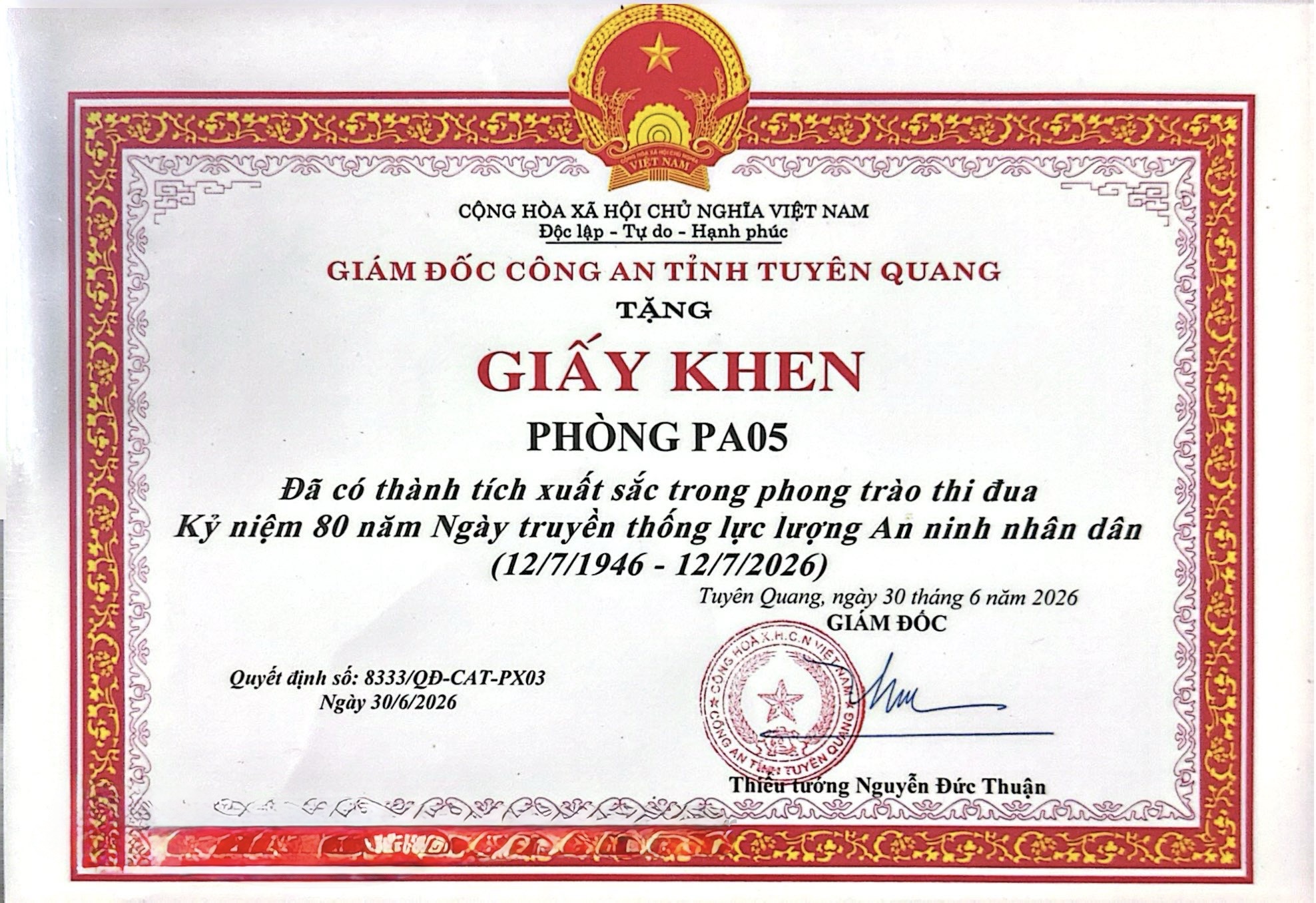Giấy khen của Giám đốc Công an tỉnh Tuyên Quang trao tặng